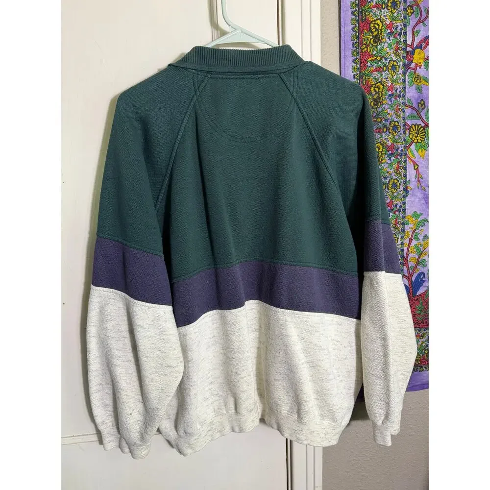Vintage AZ Sport Colorblock Rugby Sweatshirt Green Purple 90s Pullover Men's L